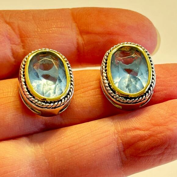 Clip on earrings silvertone rope texture & blue faceted stone ovals classic look - Picture 6 of 6